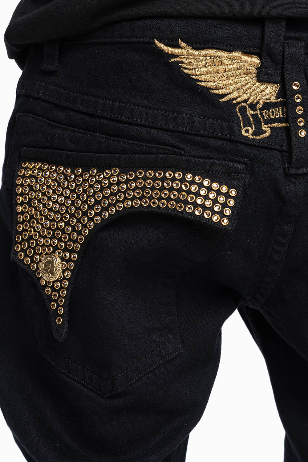 KILLER FLAP MENS STRAIGHT LEG JEAN IN PURE BLACK EMBELLISHED WITH SMOKEY TOPAZ CRYSTALS