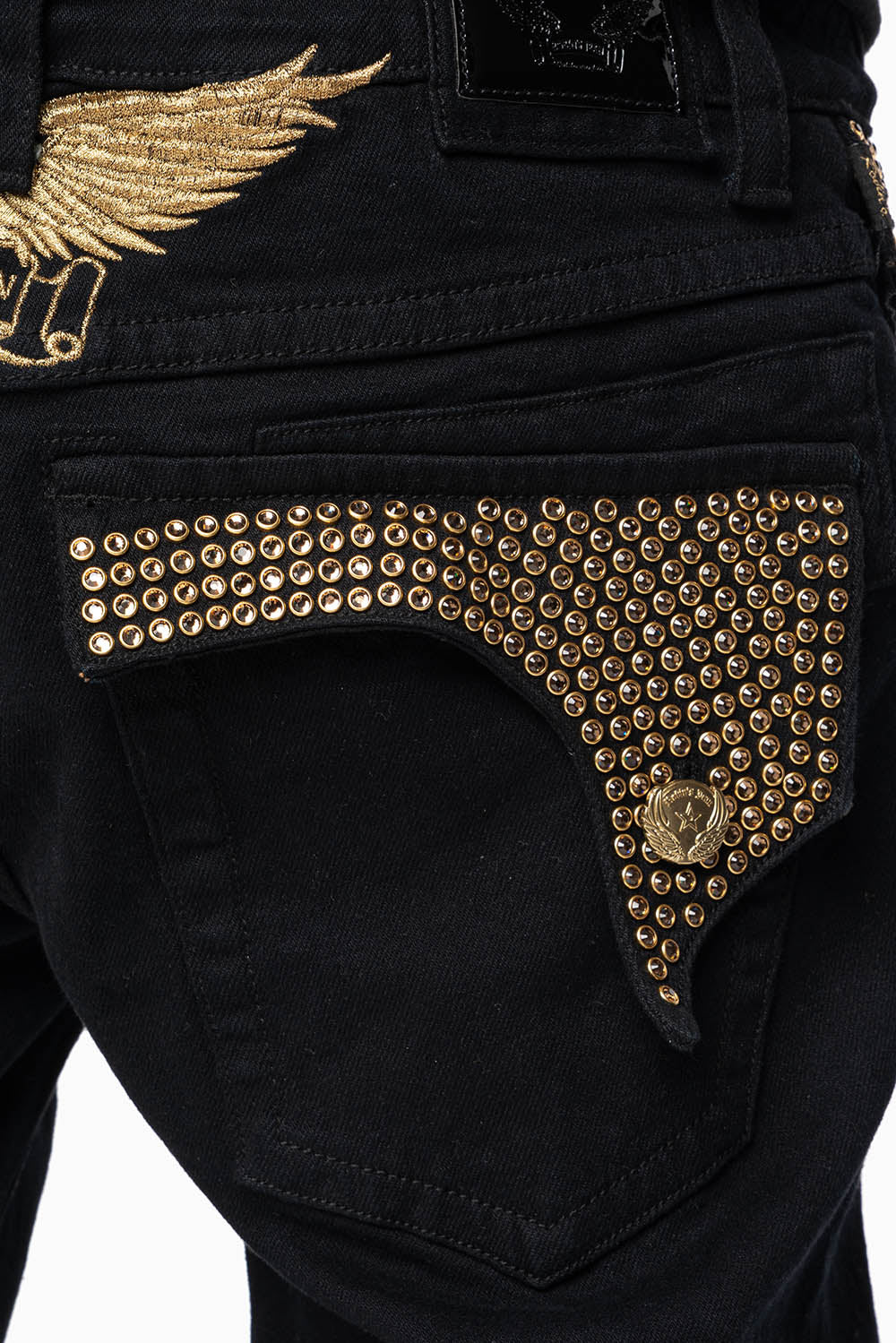 KILLER FLAP MENS STRAIGHT LEG JEAN IN PURE BLACK EMBELLISHED WITH SMOKEY TOPAZ CRYSTALS