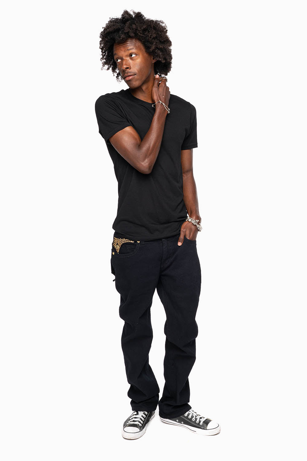 KILLER FLAP MENS STRAIGHT LEG JEAN IN PURE BLACK EMBELLISHED WITH SMOKEY TOPAZ CRYSTALS