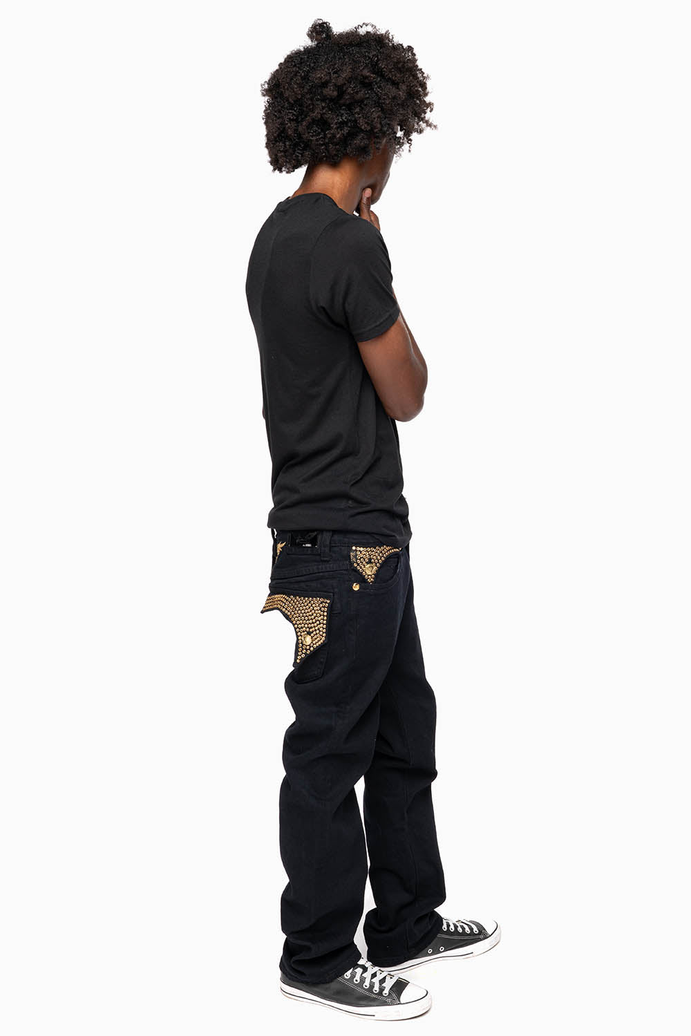 KILLER FLAP MENS STRAIGHT LEG JEAN IN PURE BLACK EMBELLISHED WITH SMOKEY TOPAZ CRYSTALS