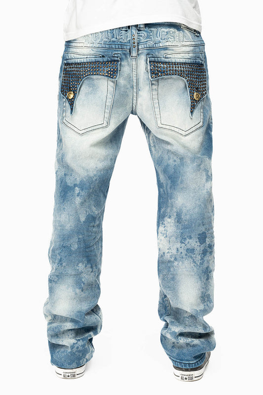 KILLER FLAP MENS STRAIGHT LEG JEAN IN CHEROKEE BLUE WASH EMBELLISHED WITH CRYSTAL