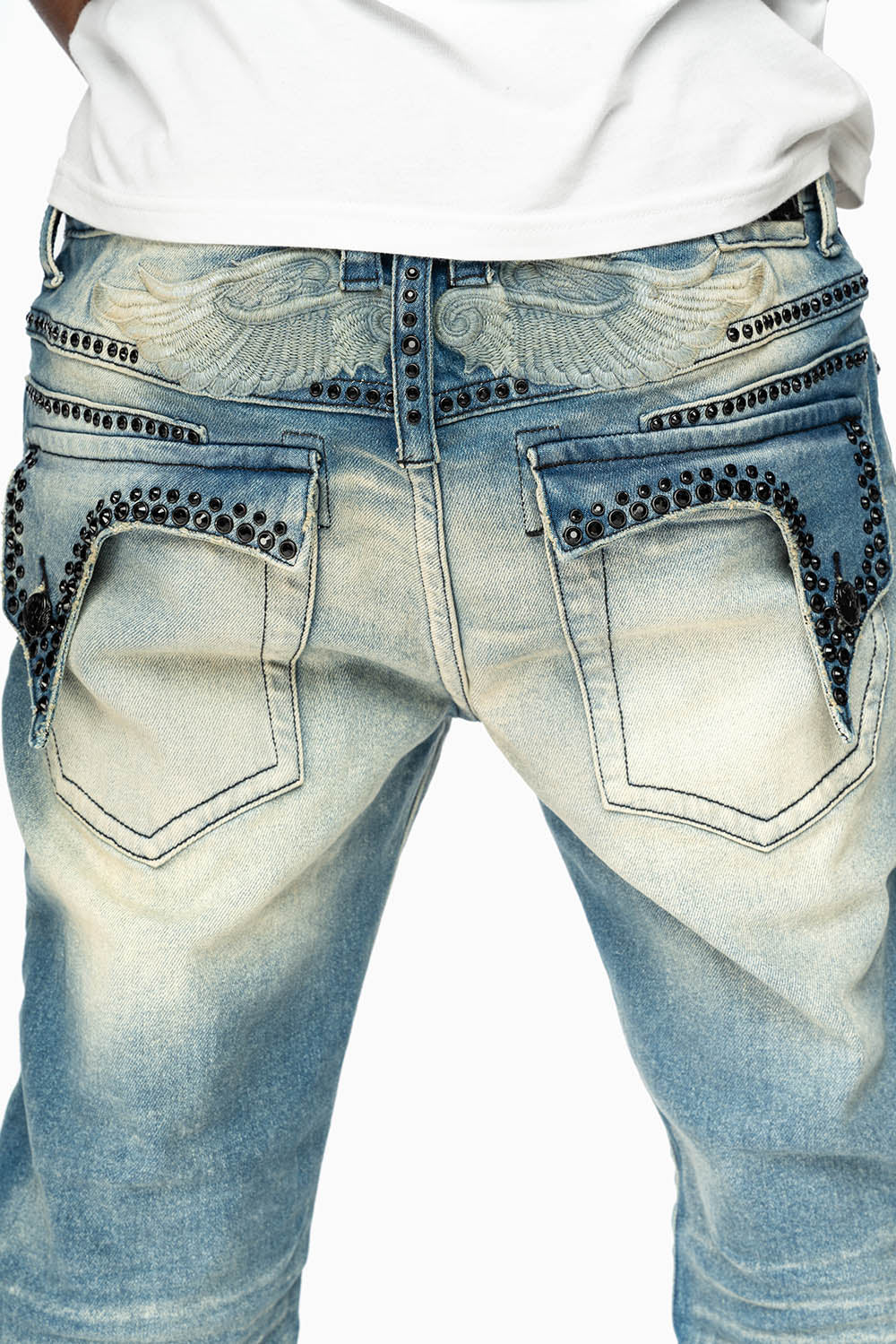 KILLER FLAP MENS STRAIGHT LEG JEAN IN OMAHA TAN BLUE WASH EMBELLISHED WITH JET BLK  CRYSTAL