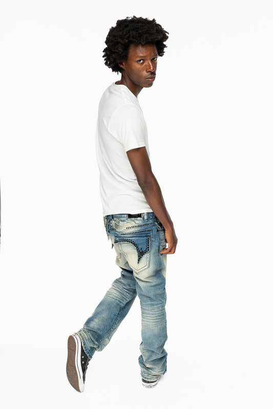 KILLER FLAP MENS STRAIGHT LEG JEAN IN OMAHA TAN BLUE WASH EMBELLISHED WITH JET BLK  CRYSTAL