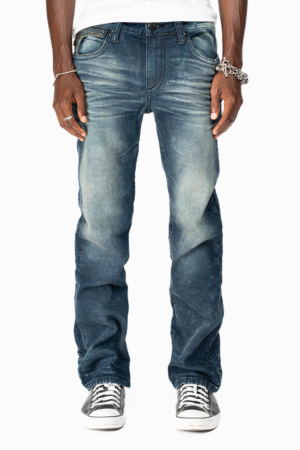 KILLER FLAP MENS SKINNY JEAN IN  BLUE ALBANY DARK WASH  FULLY EMBELLISHED WITH SMOKY TOPAZ CRYSTALS