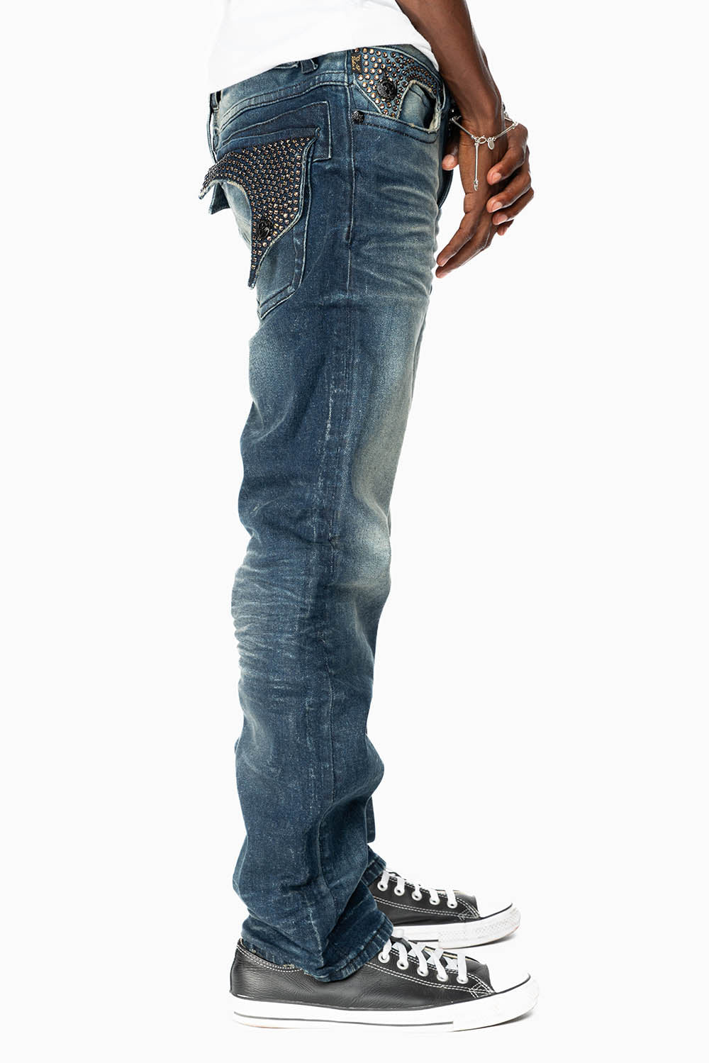 KILLER FLAP MENS SKINNY JEAN IN  BLUE ALBANY DARK WASH  FULLY EMBELLISHED WITH SMOKY TOPAZ CRYSTALS