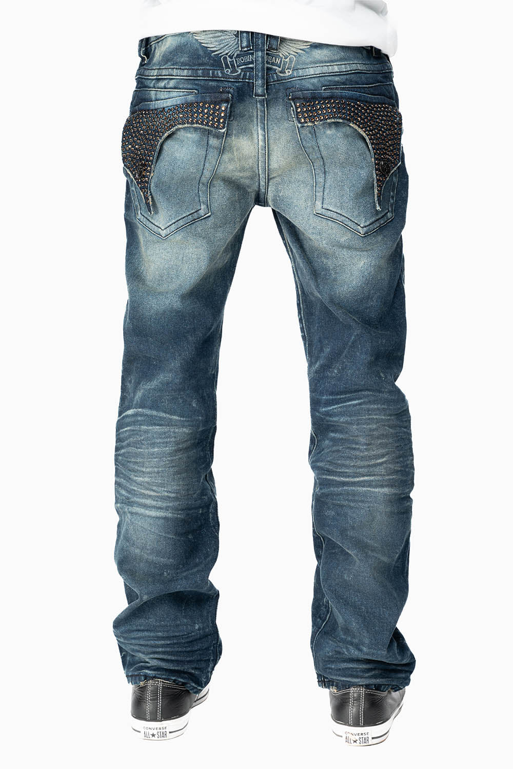 KILLER FLAP MENS SKINNY JEAN IN  BLUE ALBANY DARK WASH  FULLY EMBELLISHED WITH SMOKY TOPAZ CRYSTALS