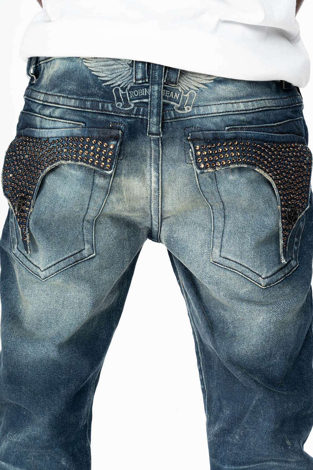 KILLER FLAP MENS SKINNY JEAN IN  BLUE ALBANY DARK WASH  FULLY EMBELLISHED WITH SMOKY TOPAZ CRYSTALS