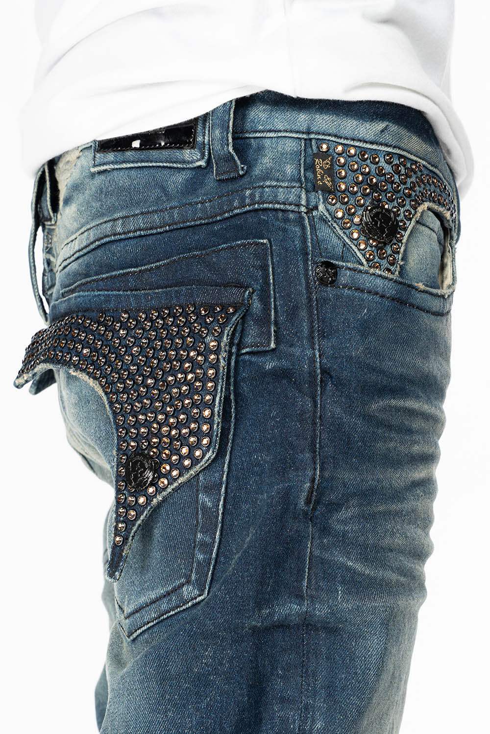 KILLER FLAP MENS SKINNY JEAN IN  BLUE ALBANY DARK WASH  FULLY EMBELLISHED WITH SMOKY TOPAZ CRYSTALS