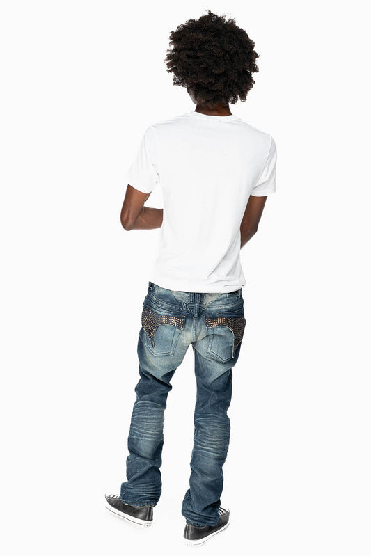 KILLER FLAP MENS SKINNY JEAN IN  BLUE ALBANY DARK WASH  FULLY EMBELLISHED WITH SMOKY TOPAZ CRYSTALS