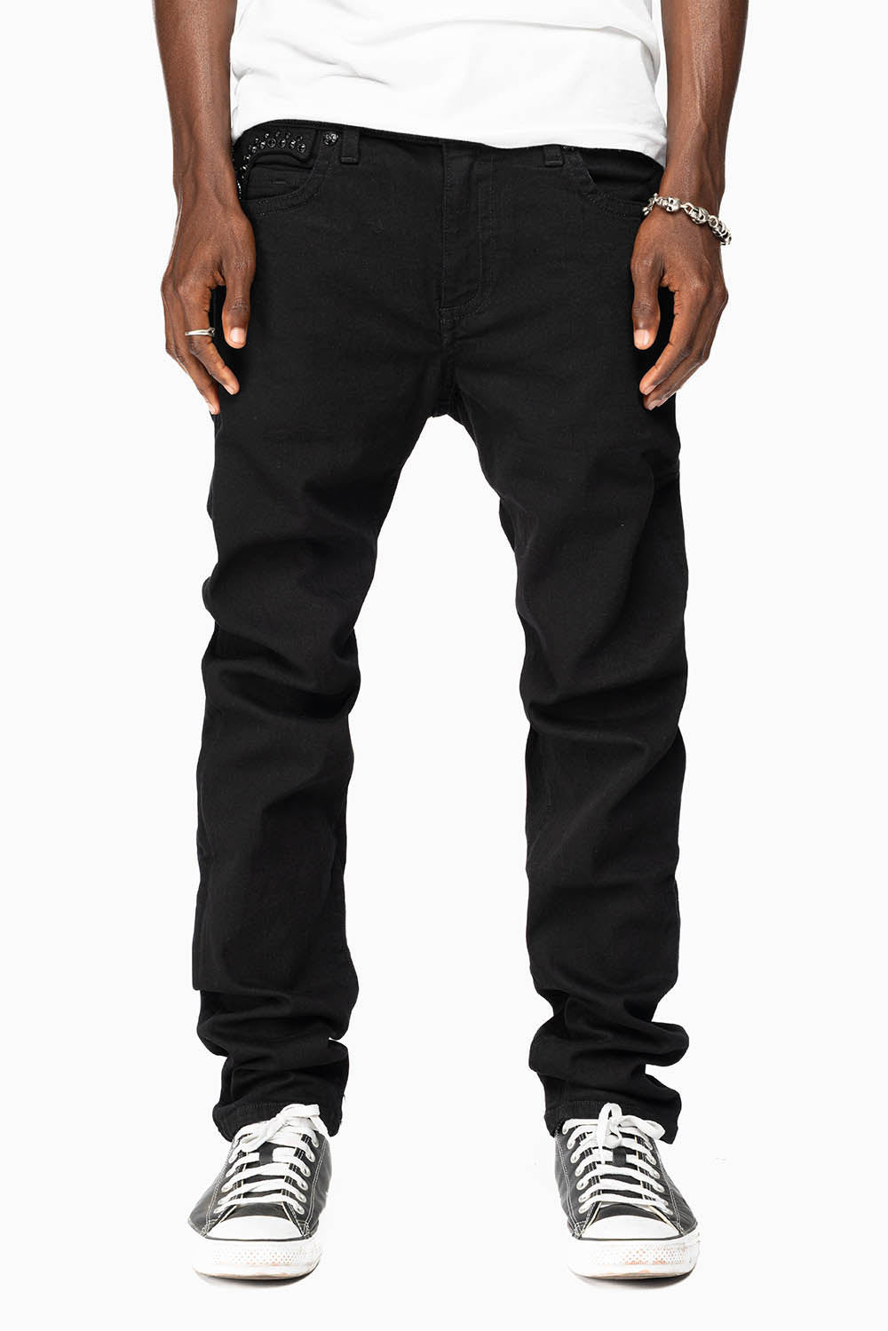KILLER FLAP MENS SKINNY JEANS IN BLACK ON BLACK WITH CRYSTALS