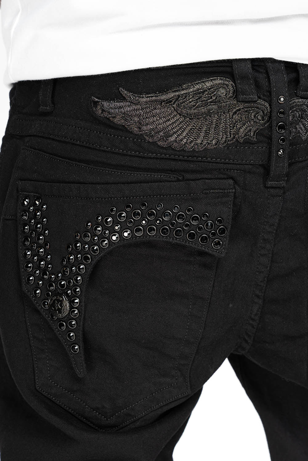 KILLER FLAP MENS SKINNY JEANS IN BLACK ON BLACK WITH CRYSTALS