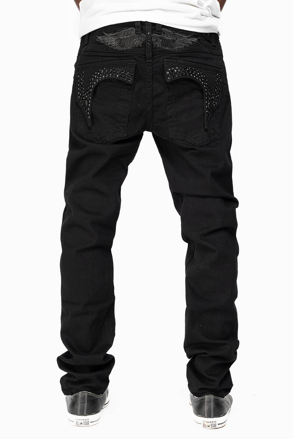 KILLER FLAP MENS SKINNY JEANS IN BLACK ON BLACK WITH CRYSTALS