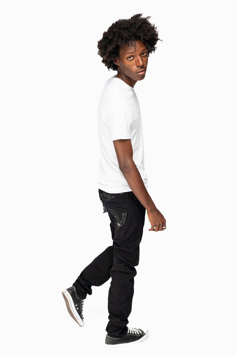 KILLER FLAP MENS SKINNY JEANS IN BLACK ON BLACK WITH CRYSTALS