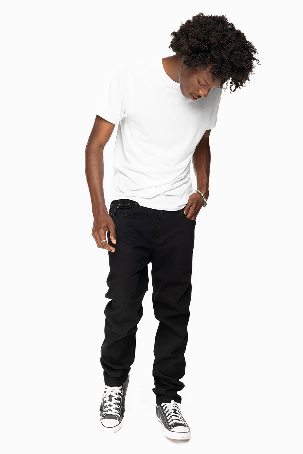 KILLER FLAP MENS SKINNY JEANS IN BLACK ON BLACK WITH CRYSTALS