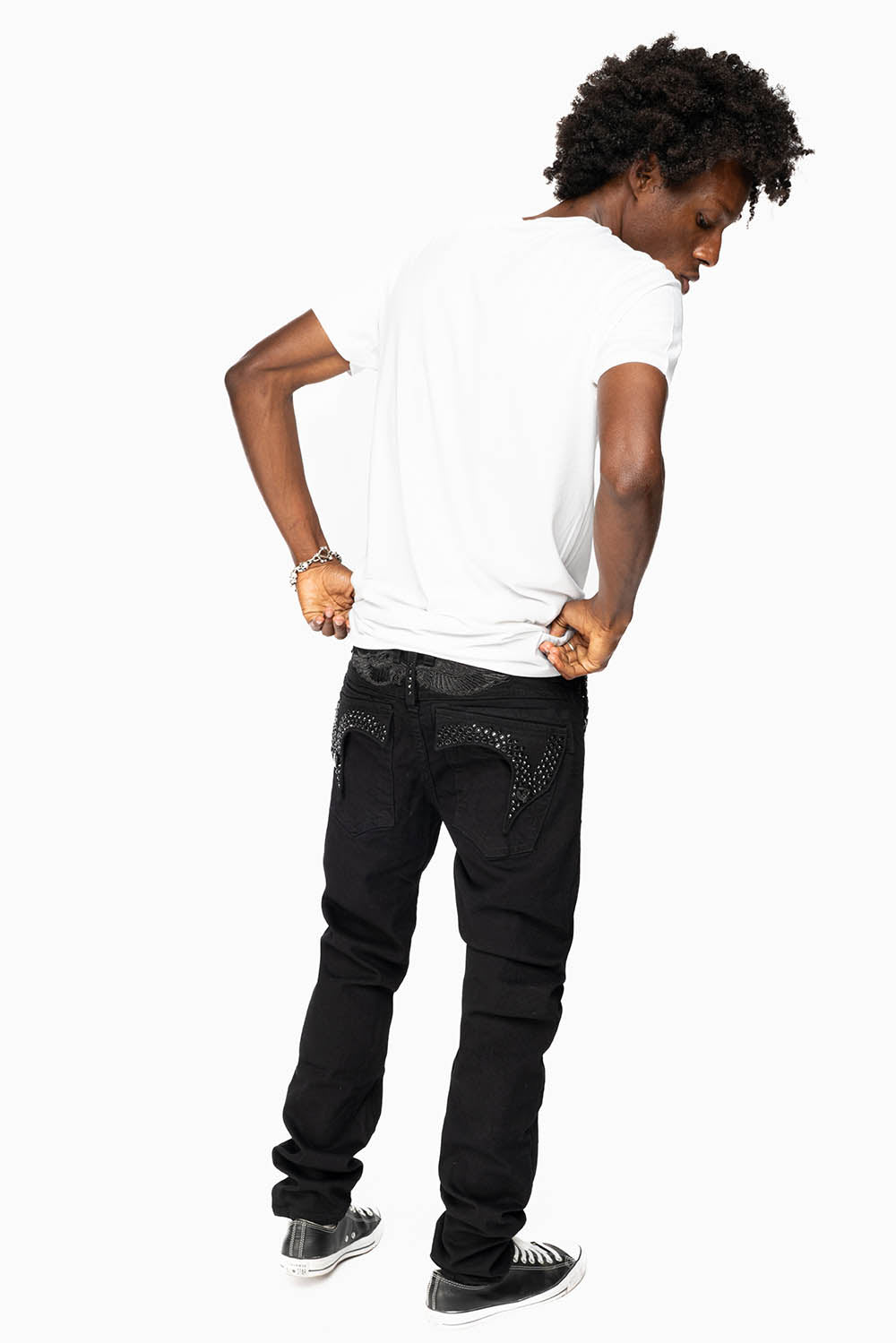 KILLER FLAP MENS SKINNY JEANS IN BLACK ON BLACK WITH CRYSTALS