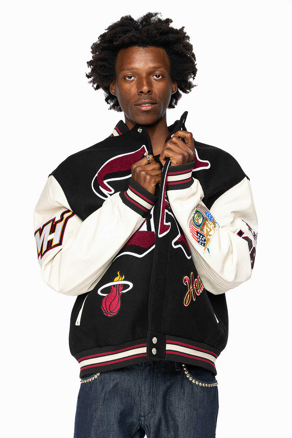 MIAMI HEAT WOOL & LEATHER OLD ENGLISH VARSITY JACKET BLACK