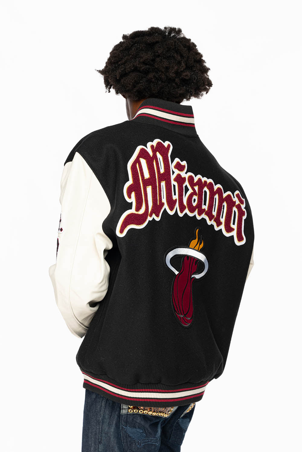 MIAMI HEAT WOOL & LEATHER OLD ENGLISH VARSITY JACKET BLACK