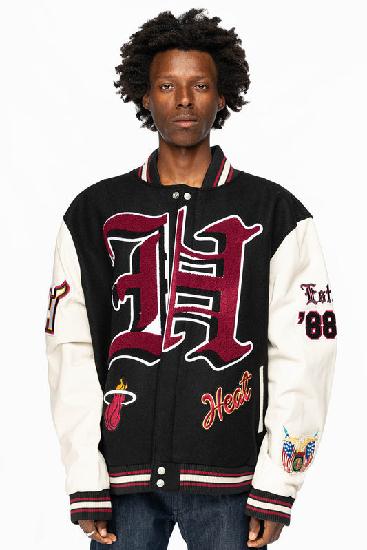 MIAMI HEAT WOOL & LEATHER OLD ENGLISH VARSITY JACKET BLACK