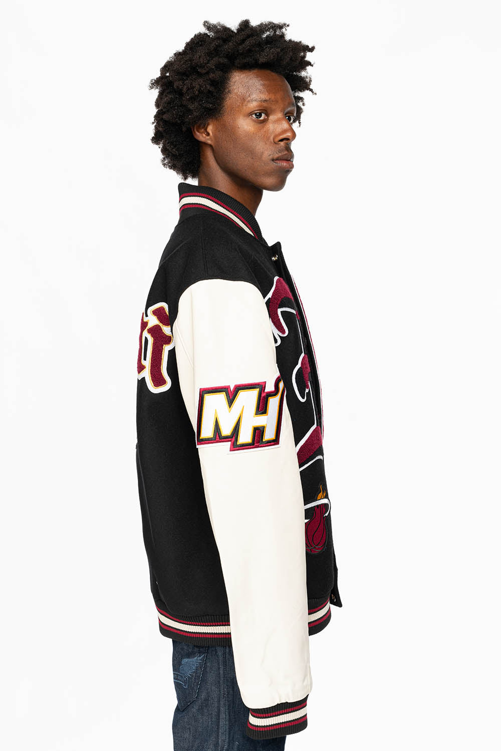 MIAMI HEAT WOOL & LEATHER OLD ENGLISH VARSITY JACKET BLACK