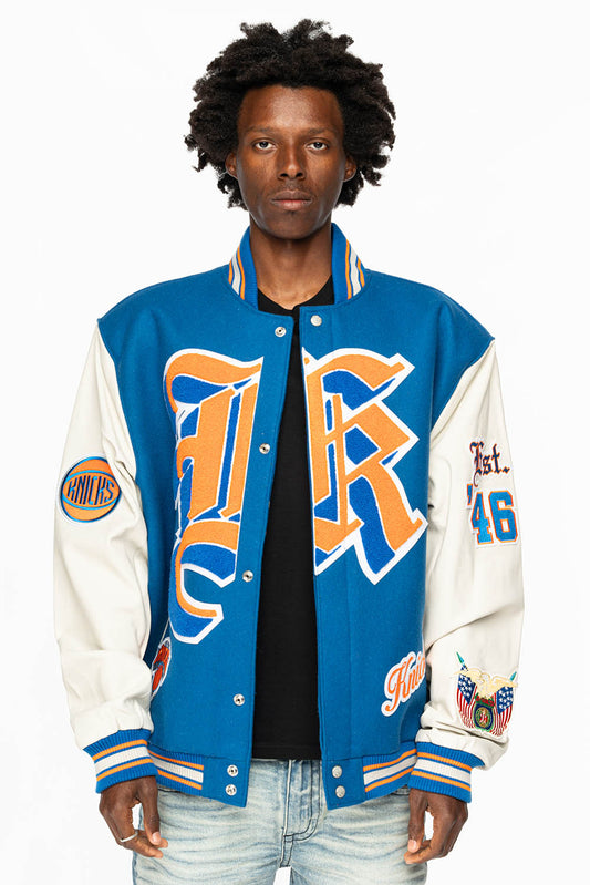 NEW YORK KNICKS WOOL & LEATHER VARSITY JACKET BLUE