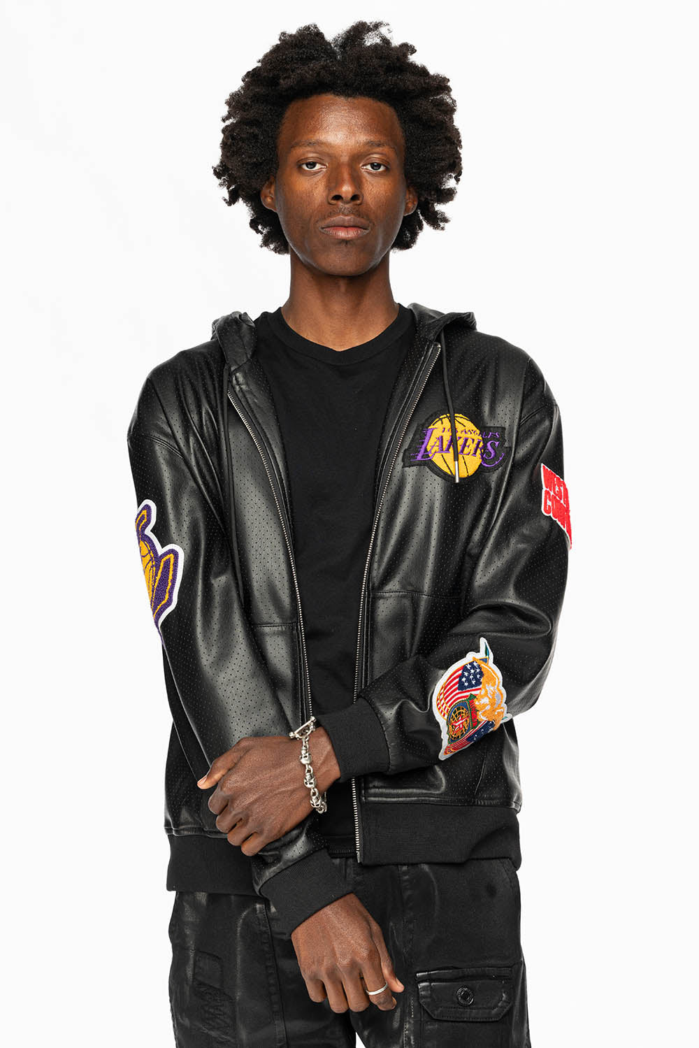 LOS ANGELES LAKERS 1947 LIGHTWEIGHT VEGAN ZIP-UP HOODED JACKET Black