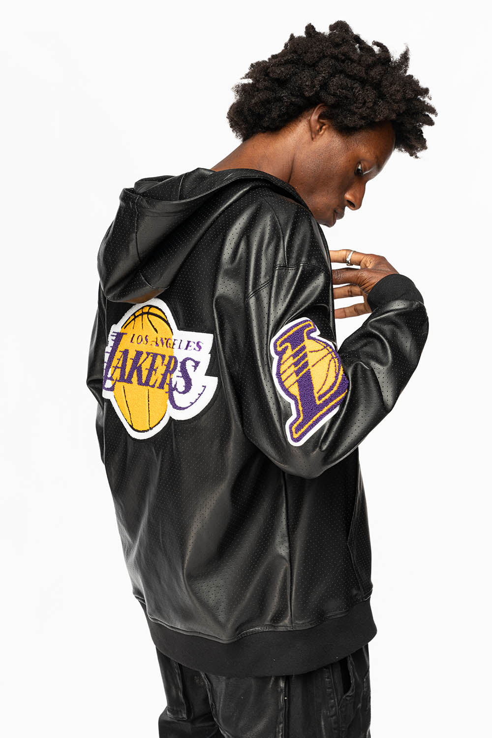 LOS ANGELES LAKERS 1947 LIGHTWEIGHT VEGAN ZIP-UP HOODED JACKET Black