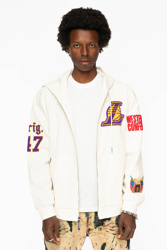 WHITE PERFORATED VEGAN HOODED ZIP UP JACKET LAKERS