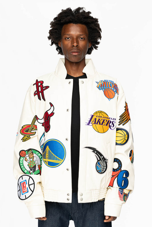 NBA COLLAGE VEGAN LEATHER JACKET White