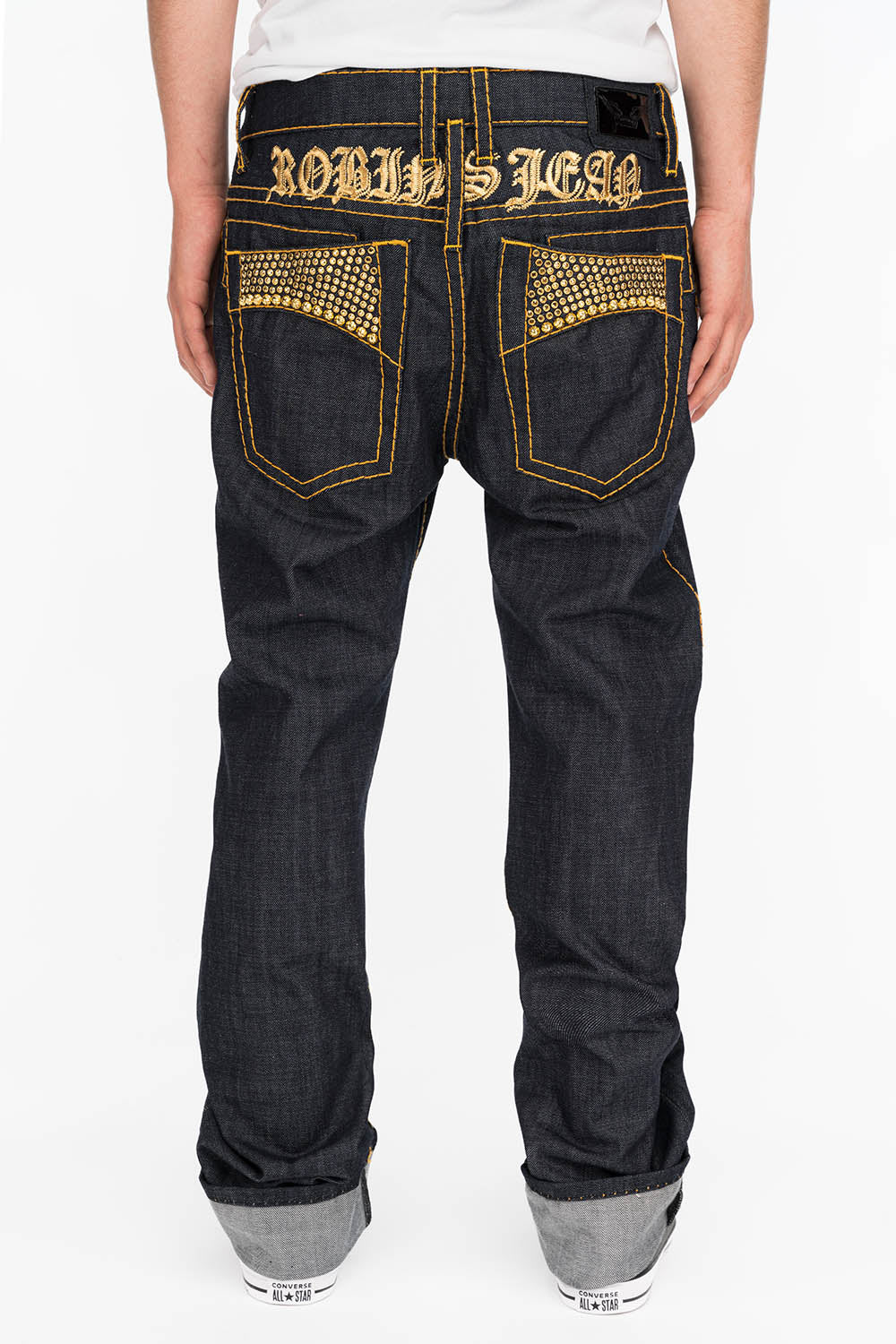 MENS RAW DENIM SLIM FIT CLASSIC JEANS WITH ORANGE HEAVY STITCHING STUDS AND CRYSTALS