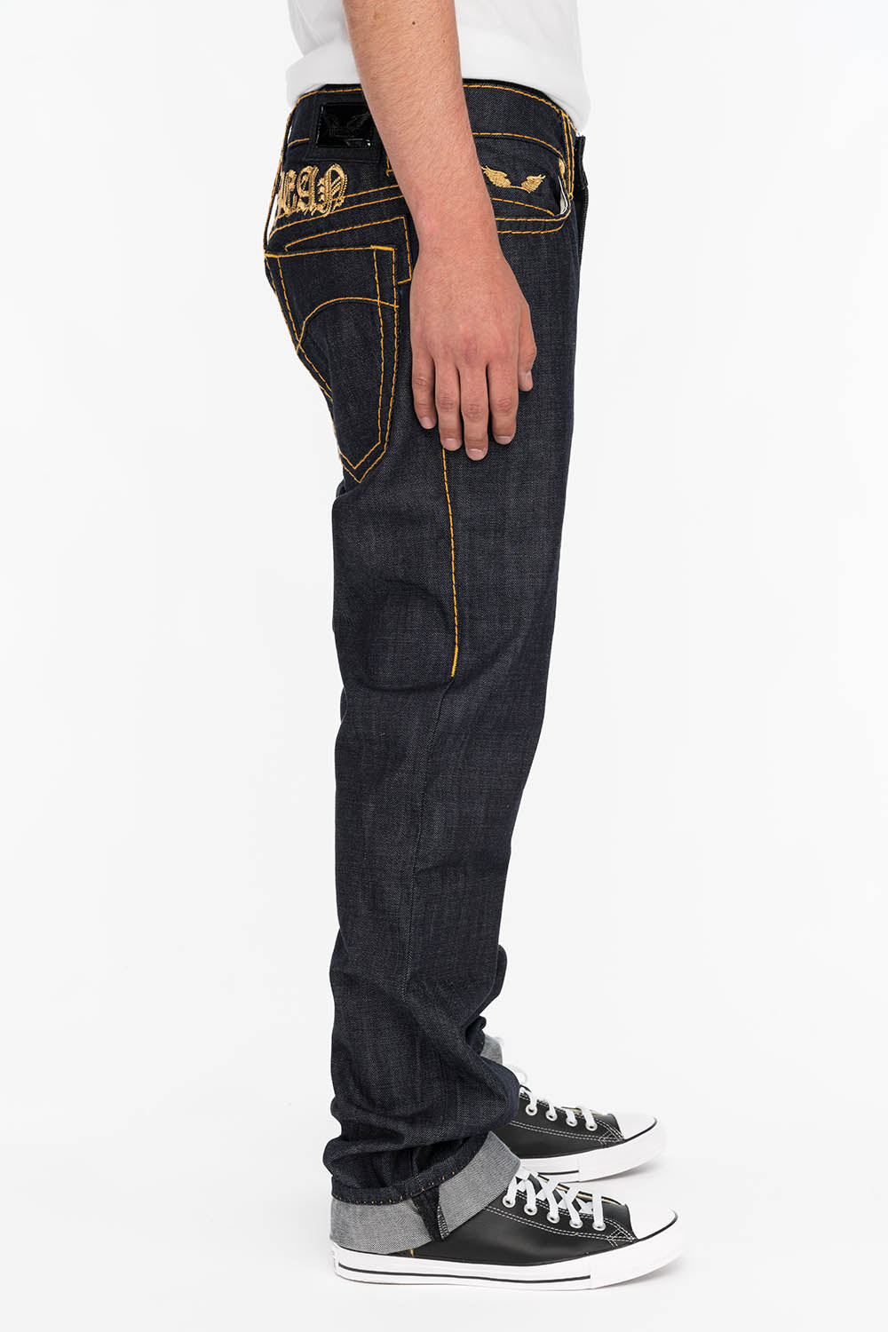 MENS RAW DENIM SLIM FIT CLASSIC JEANS WITH ORANGE HEAVY STITCHING AND EMBROIDERED WINGS