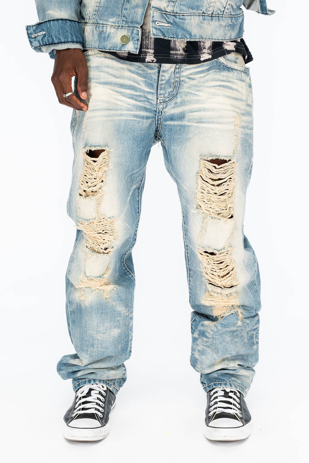 VINTAGE INDIGO DISTRESSED ,RIPPED JEAN WITH WHITE CONTRAST STICH IN OMAHA BROKEN WASH WITH CRYSTALS