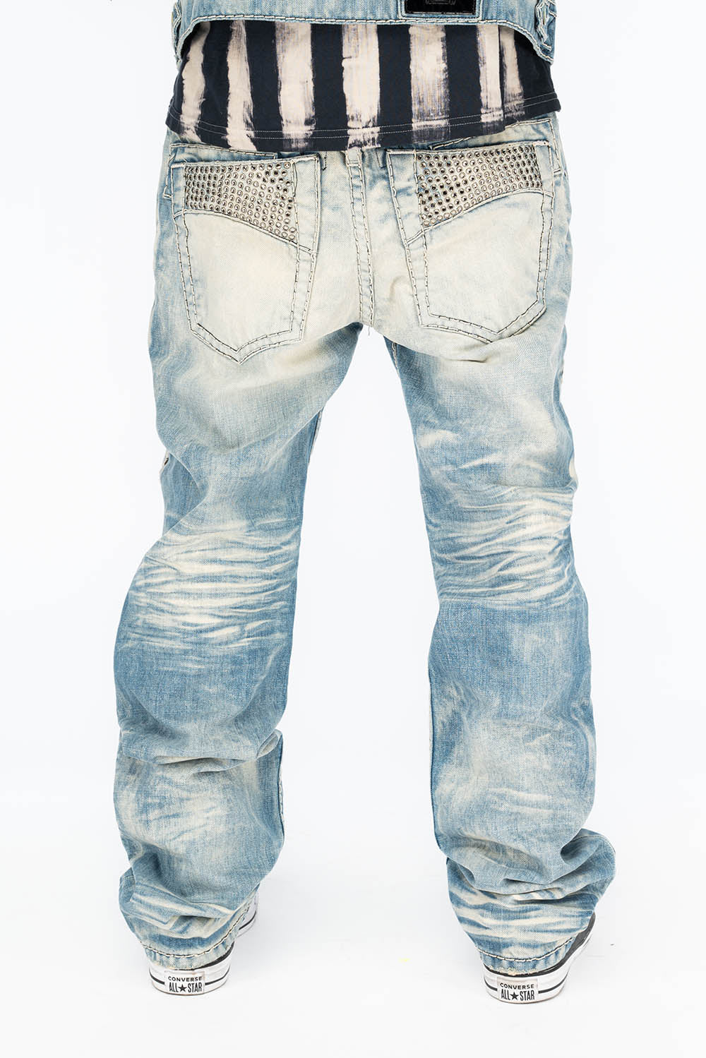 VINTAGE INDIGO DISTRESSED ,RIPPED JEAN WITH WHITE CONTRAST STICH IN OMAHA BROKEN WASH WITH CRYSTALS