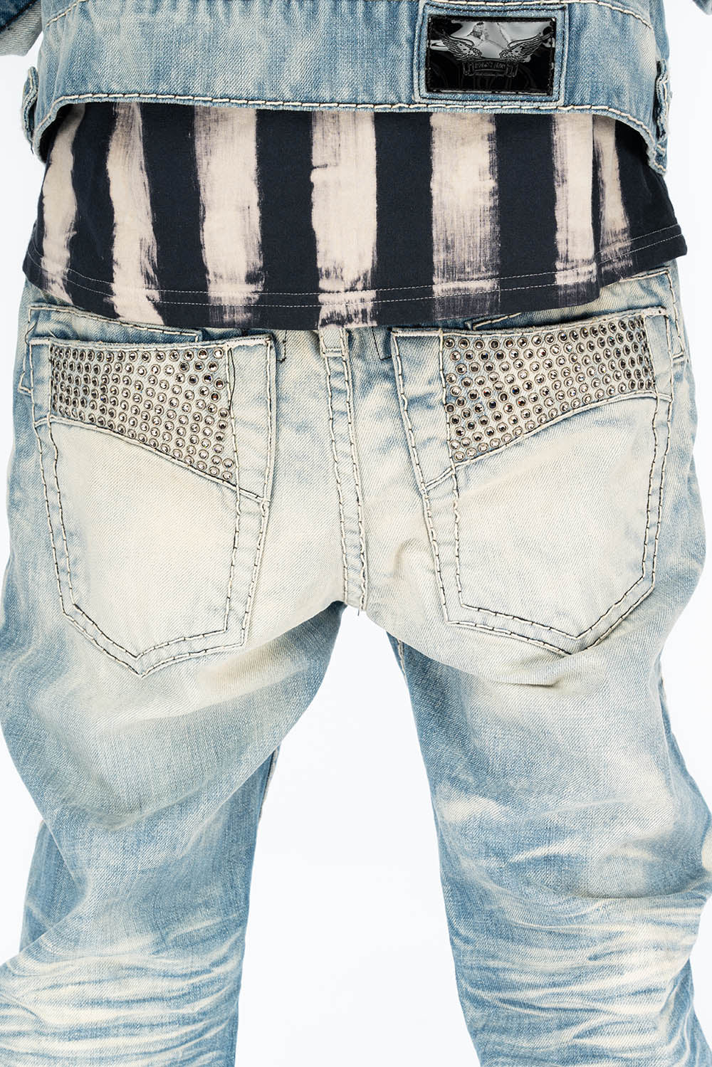 VINTAGE INDIGO DISTRESSED ,RIPPED JEAN WITH WHITE CONTRAST STICH IN OMAHA BROKEN WASH WITH CRYSTALS