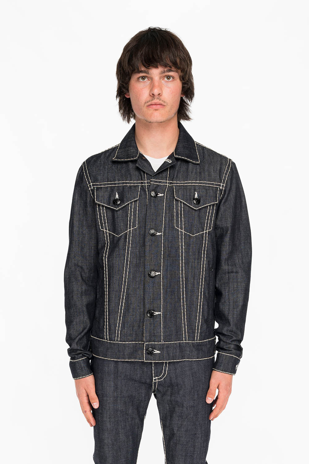 MENS DENIM JACKET IN RAW DENIM WITH HEAVY NATURAL WHITE STITCHING AND EMBROIDERED WINGS