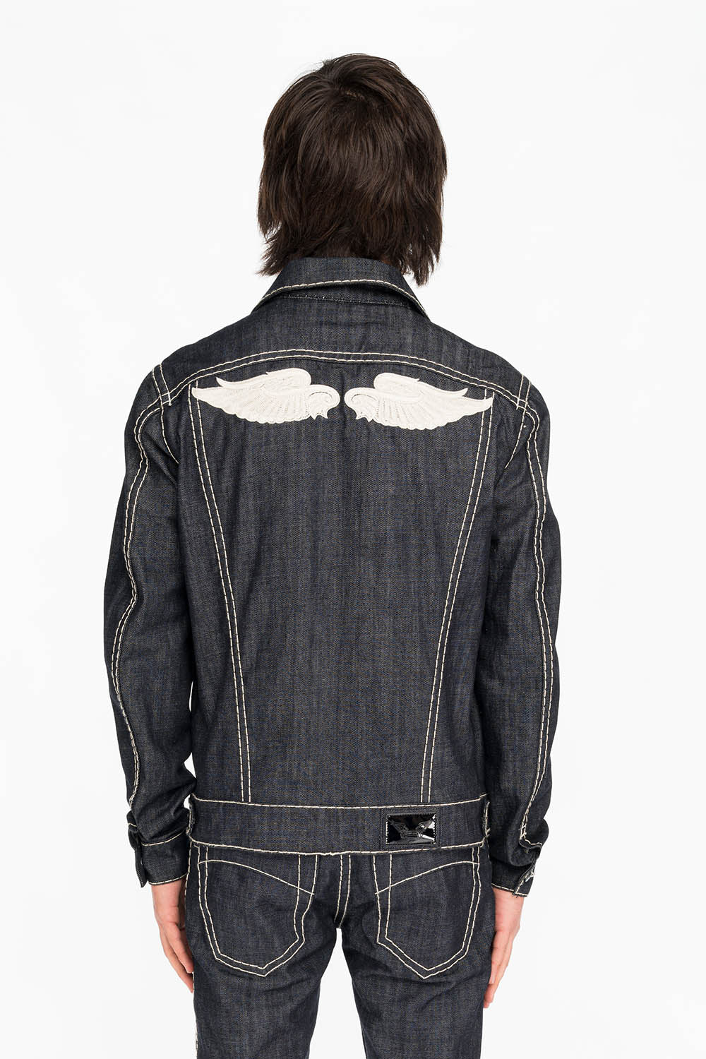 MENS DENIM JACKET IN RAW DENIM WITH HEAVY NATURAL WHITE STITCHING AND EMBROIDERED WINGS