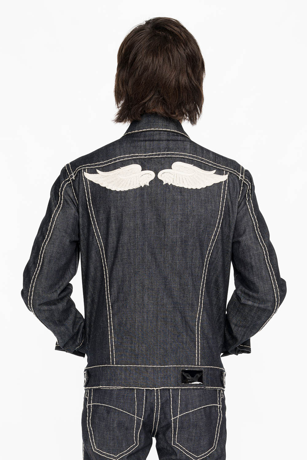 MENS DENIM JACKET IN RAW DENIM WITH HEAVY NATURAL WHITE STITCHING AND EMBROIDERED WINGS