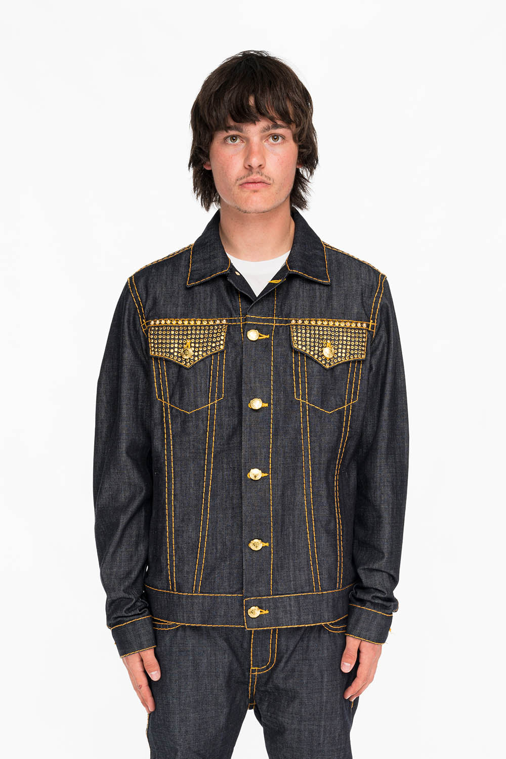 ROBINS RAW DENIM COLLECTION MENS JACKET IN RAW INDIGO DENIM WITH PATCHES AND STUDS