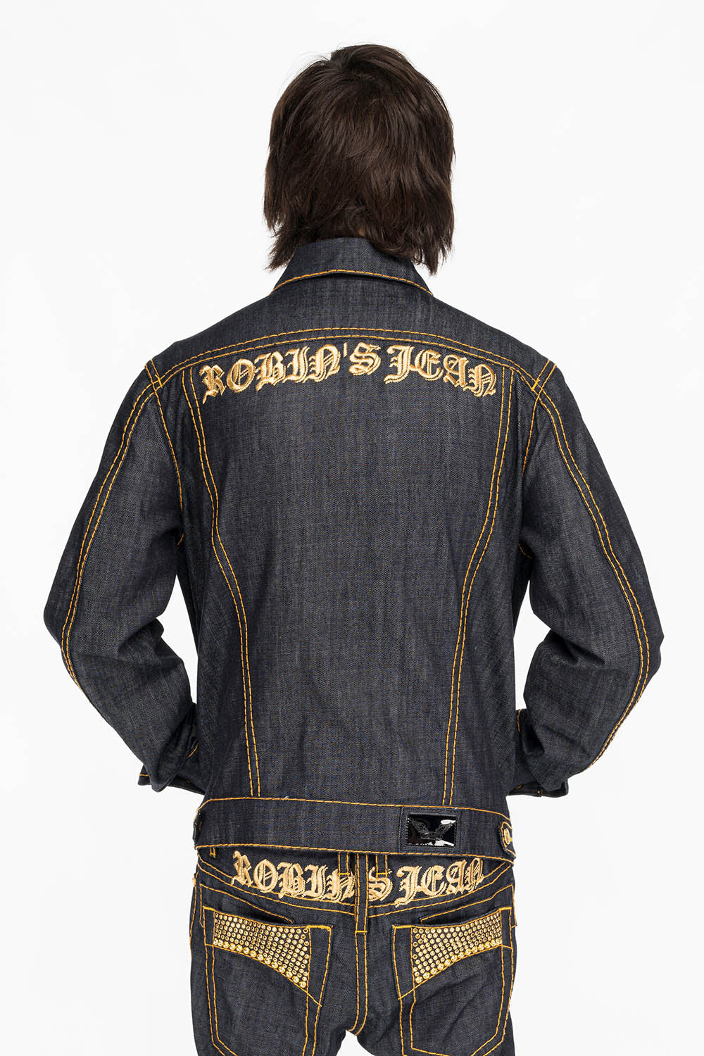 ROBINS RAW DENIM COLLECTION MENS JACKET IN RAW INDIGO DENIM WITH PATCHES AND STUDS