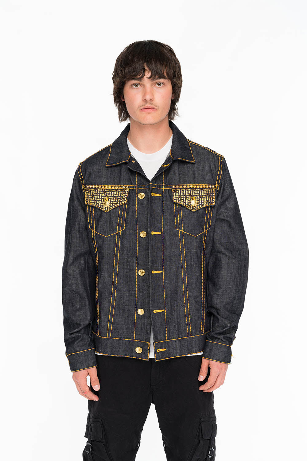 ROBINS RAW DENIM COLLECTION MENS JACKET IN RAW INDIGO DENIM WITH PATCHES AND STUDS