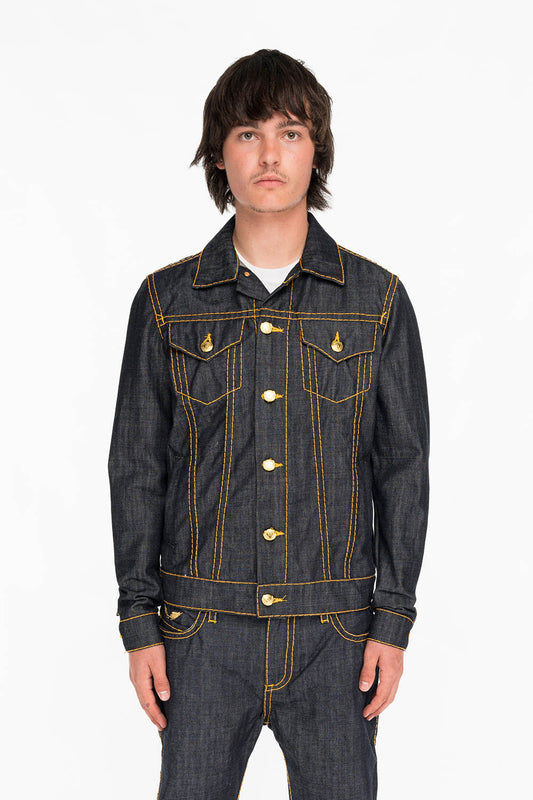 MENS DENIM JACKET IN RAW DENIM WITH HEAVY ORANGE STITCHING AND EMBROIDERED O.E. SCRIPT