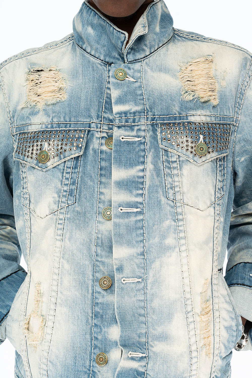 VINTAGE INDIGO DISTRESSED ,RIPPED JEAN JKT WITH WHITE CONTRAST STICH IN OMAHA BROKEN WASH WITH CRYSTALS