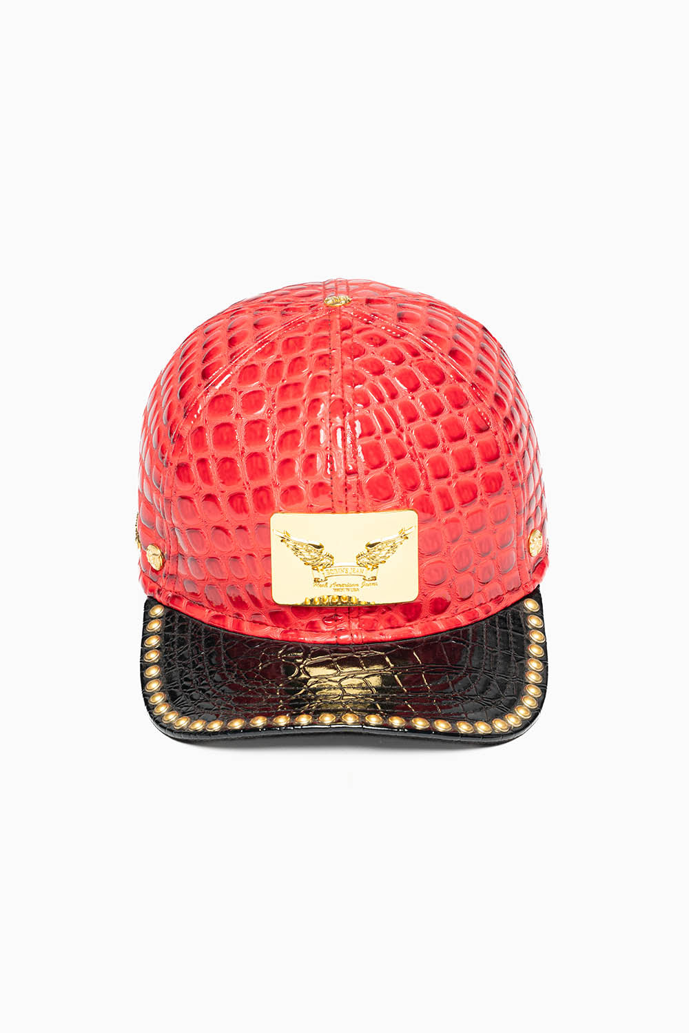 ROBIN'S GOLD TAG CAP IN RED/BLK LIZARD WITH STUDS