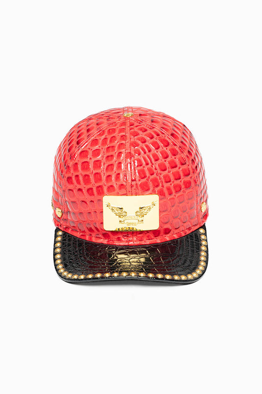 ROBIN'S GOLD TAG CAP IN RED/BLK LIZARD WITH STUDS