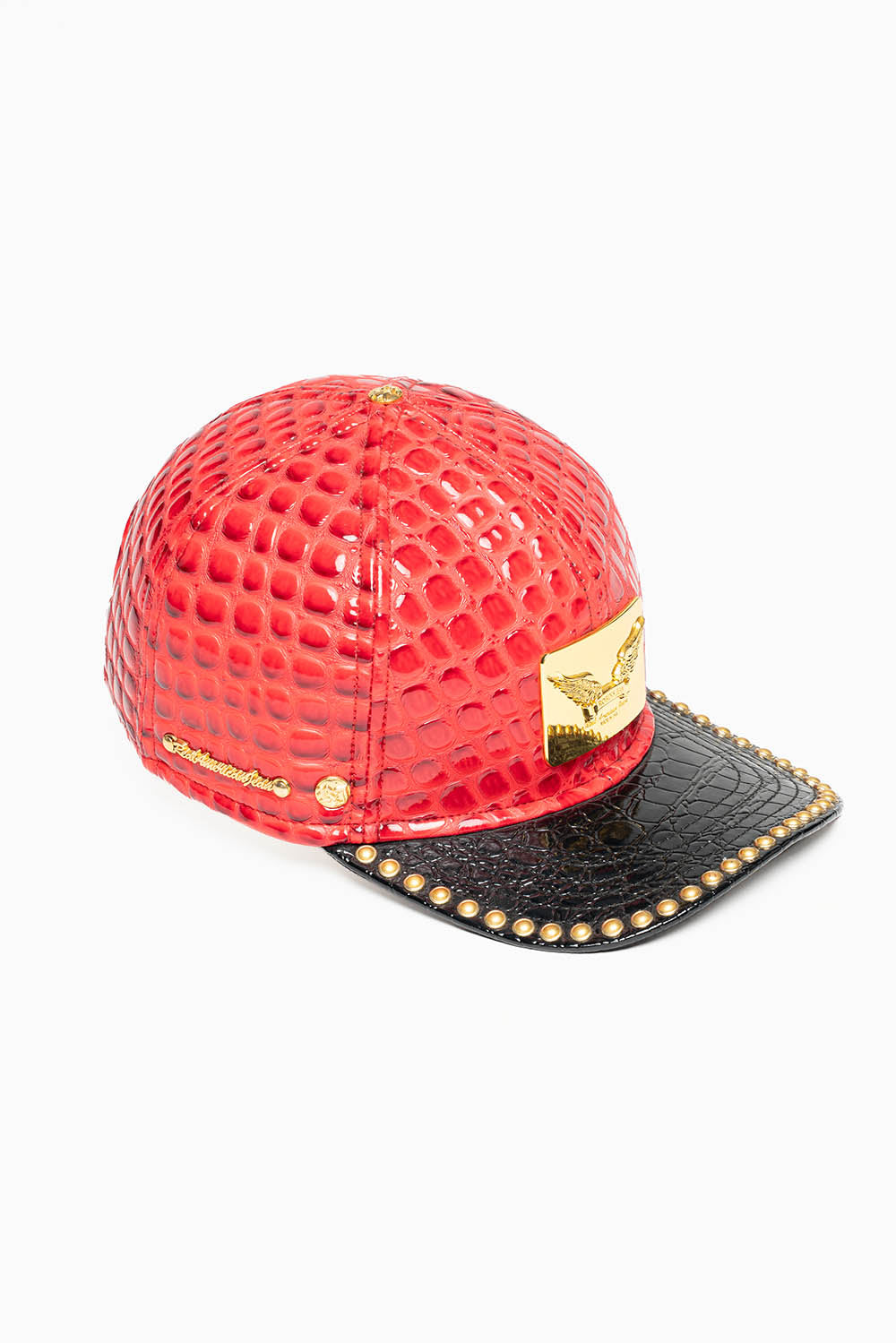ROBIN'S GOLD TAG CAP IN RED/BLK LIZARD WITH STUDS