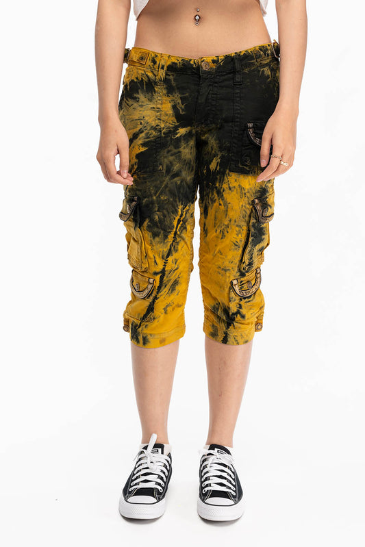 MILITARY STYLE WOMENS CARGO SHORTS IN TYE DYE YELLOW AND BLACK WASH