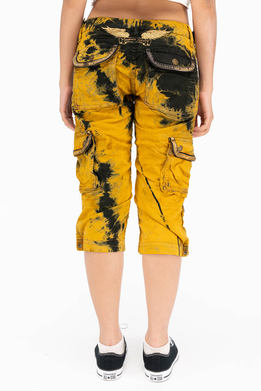 MILITARY STYLE WOMENS CARGO SHORTS IN TYE DYE YELLOW AND BLACK WASH