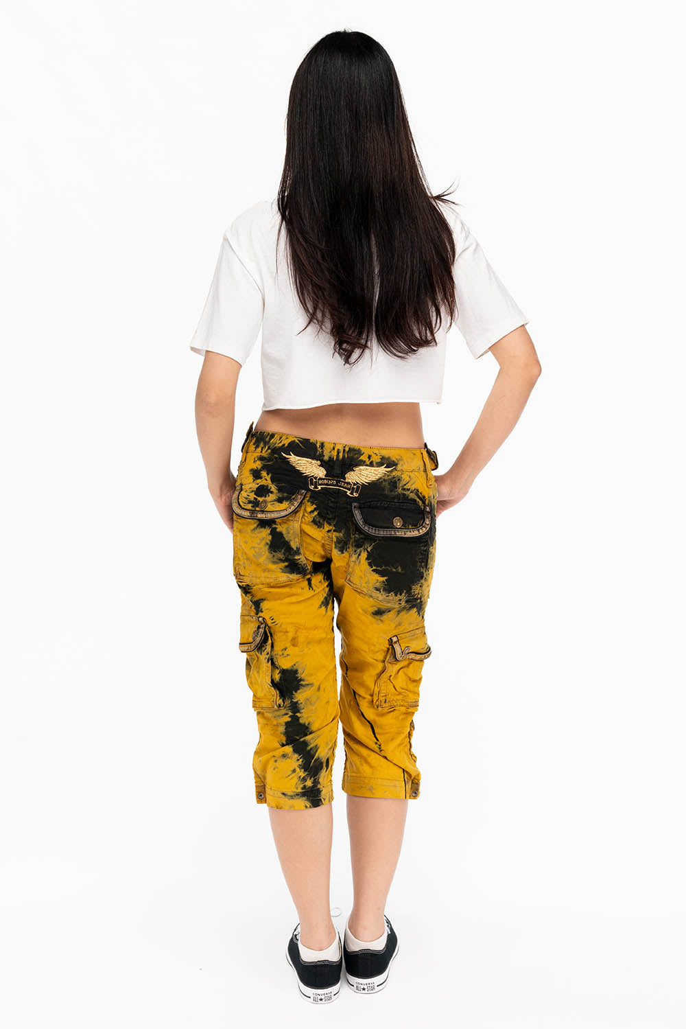 MILITARY STYLE WOMENS CARGO SHORTS IN TYE DYE YELLOW AND BLACK WASH