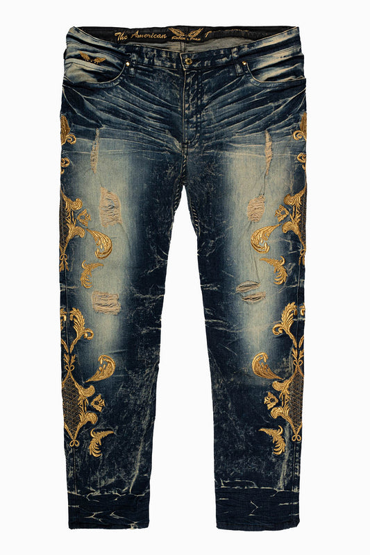 SLIM JEANS IN 5D DARK BROKEN BLUE WASH WITH GOLD EMBROIDERY