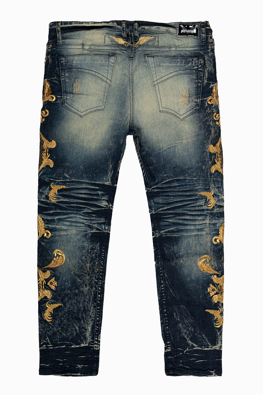 SLIM JEANS IN 5D DARK BROKEN BLUE WASH WITH GOLD EMBROIDERY