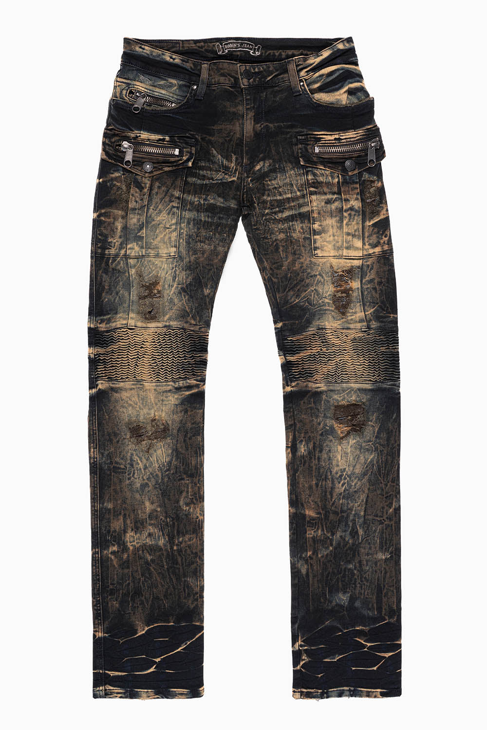 MILITARY/BIKER LONG FLAP SKINNY JEANS  EMBELLISHED WITH CRYSTALS AND NAILHEADS IN WHISKY WASH